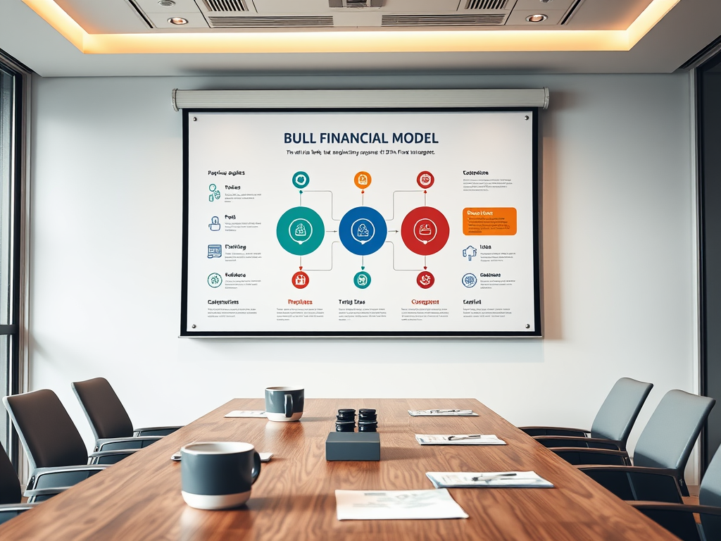 На стене доска с информацией о финансовой модели «Bull», с графиками и ключевыми показателями.