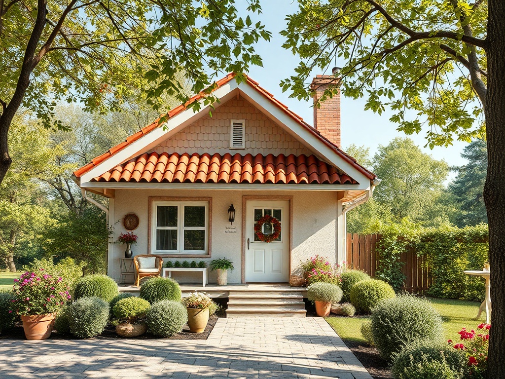 Красивый дом с красной крышей, цветами и ухоженным садом на солнечном лужайке.