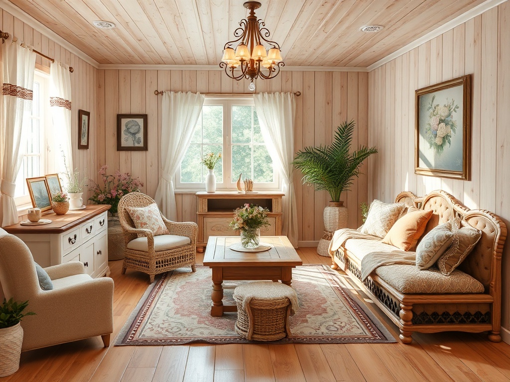 Светлая гостиная с деревянными стенами, уютной мебелью и растениями, создающими атмосферу комфорта и тепла.