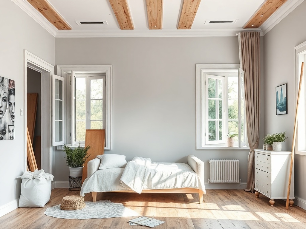 Современная спальня с широкими окнами, белой мебелью и уютным интерьером в светлых тонах.