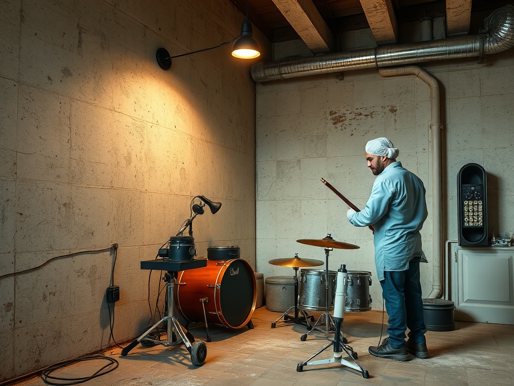 Мужчина в комнатной обстановке играет на гитаре рядом с ударными инструментами и микрофоном.