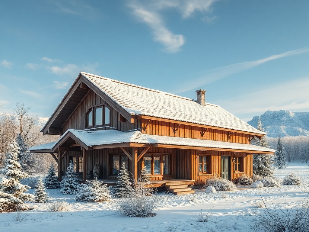 Зимний дом в лесу, окруженный снежинками и соснами под ясным голубым небом. Спокойная и уютная атмосфера.