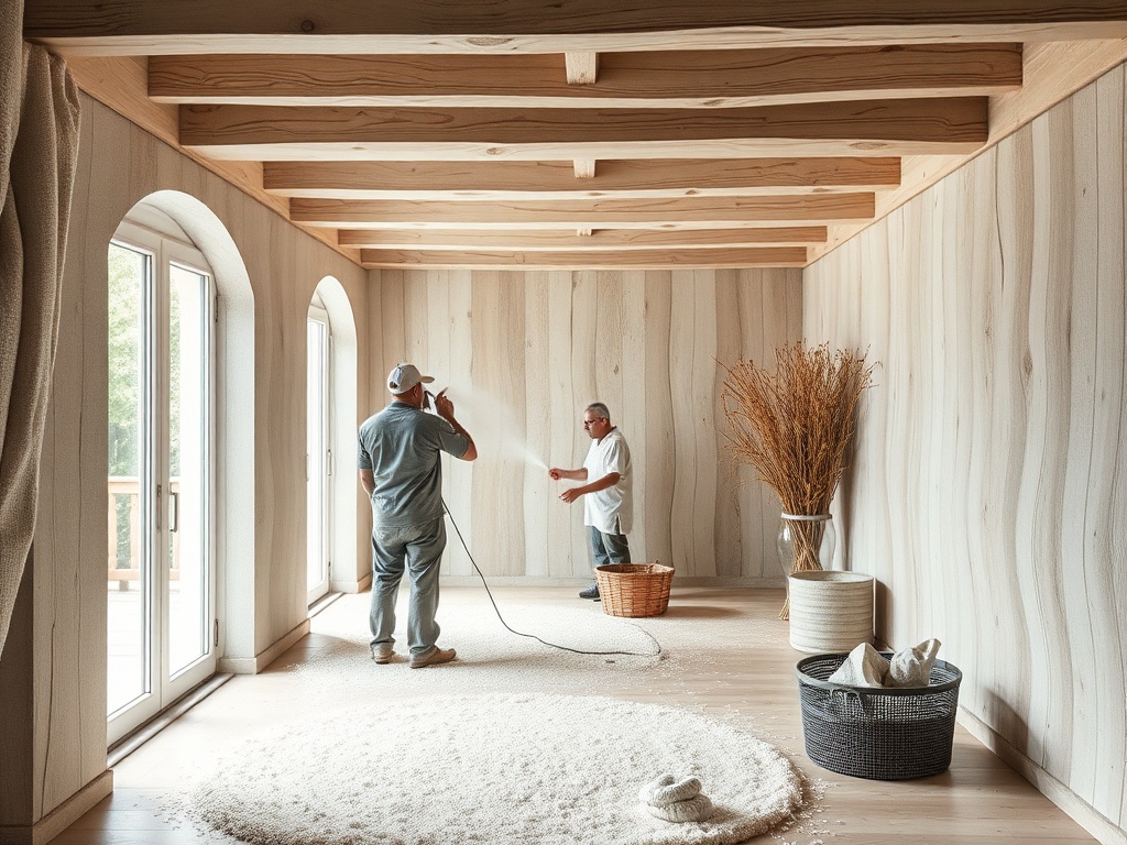 Два человека работают в светлом помещении с деревянными стенами, занимаются ремонтом и отделкой.