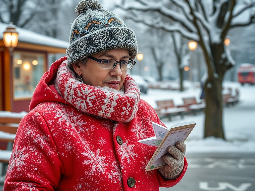 Женщина в красной куртке с узорами и шапке читает книгу на фоне снежного зимнего пейзажа.