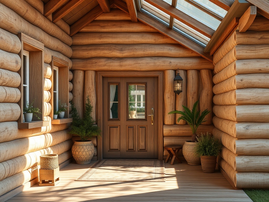 Зеленая веранда с деревянными стенами, дверью и окнами, украшенная растениями в горшках.