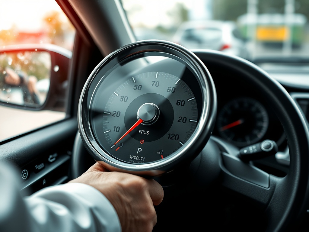 Рука держит тахометр в автомобиле, стрелка показывает 0, вокруг видны другие машины.