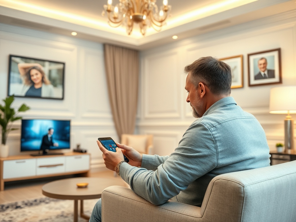 Мужчина сидит на диване, смотрит на телефон, телевизор и фотографии на стене в уютной комнате.