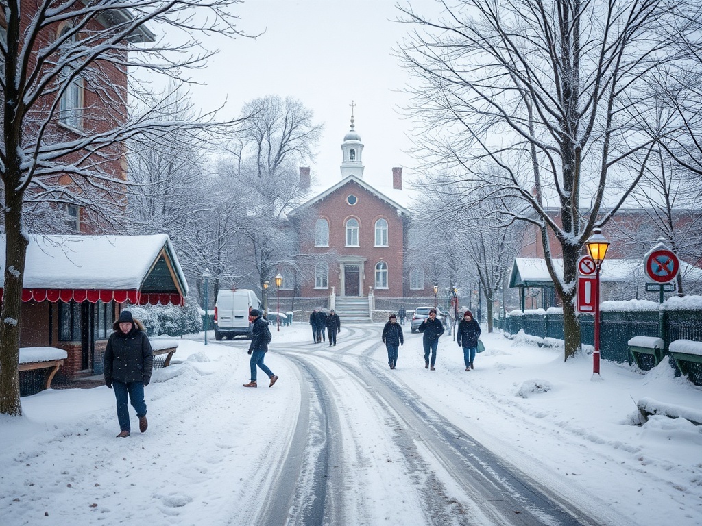 Зимний городской пейзаж с падающим снегом, люди гуляют по улице рядом со зданием и деревьями.
