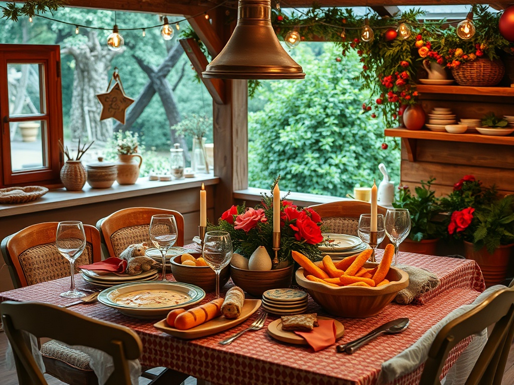 Стол с едой, украшениями и свечами в уютном интерьере, окружённом зеленью. Тёплая атмосфера праздника.
