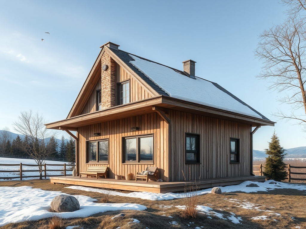 Деревянный дом с крышей, покрытой снегом, на фоне заснеженного пейзажа и голубого неба.
