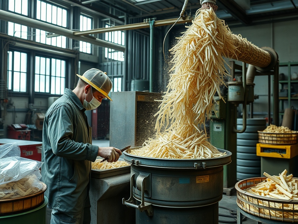На производственном фоне работник загружает картофельные палочки в машину для обработки.