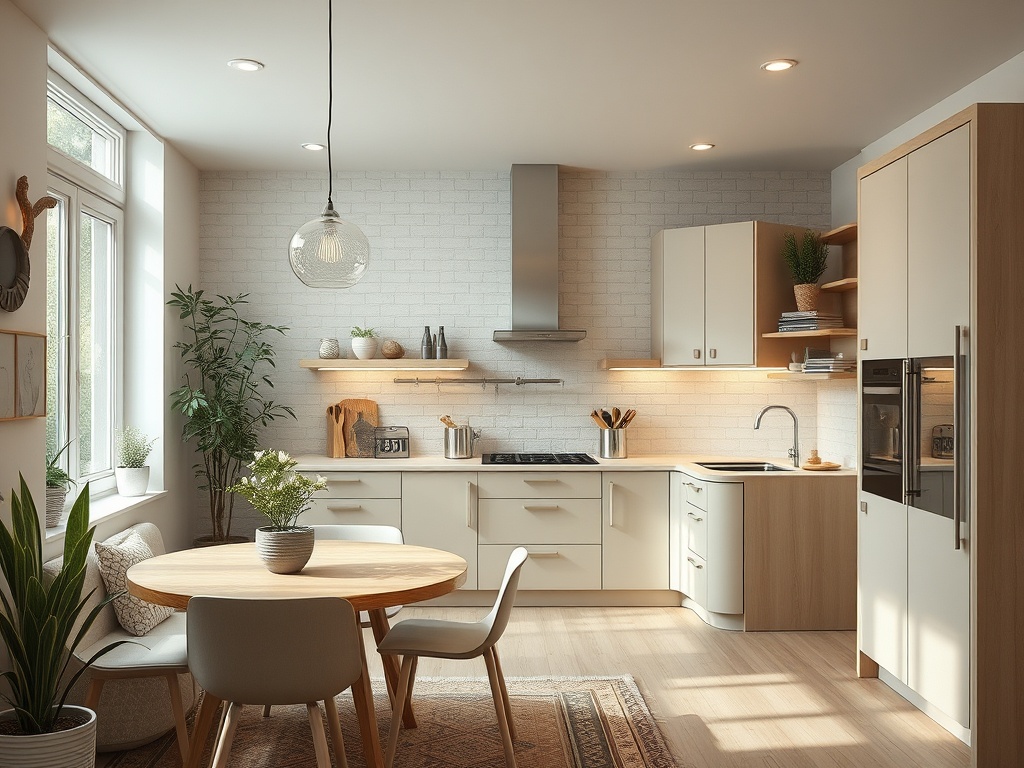 Современная кухня с деревянной мебелью, столом и растениями, светлая и уютная атмосфера.