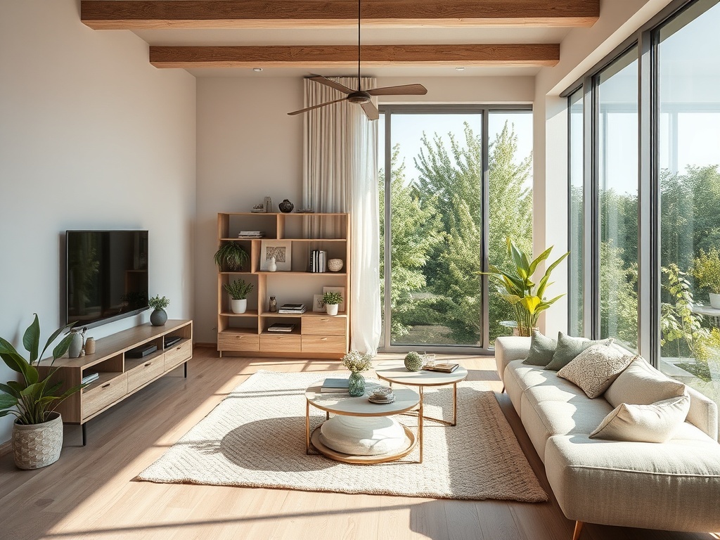 Светлая гостиная с большими окнами, растениями и уютной мебелью, создающая атмосферу комфорта.