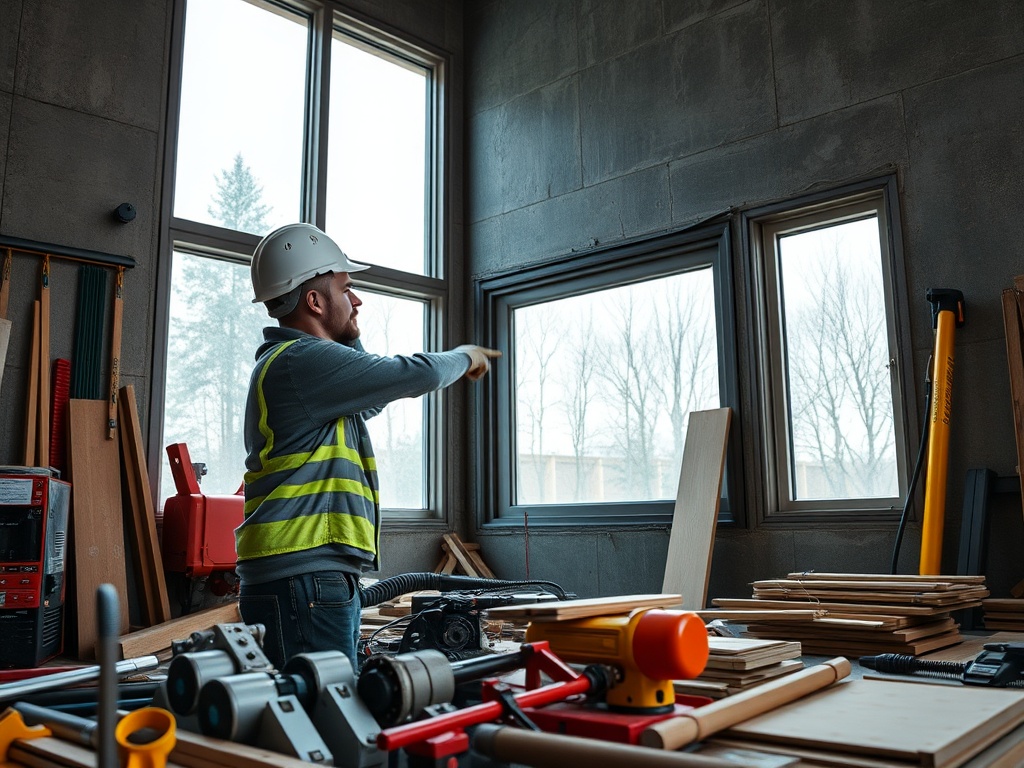 Рабочий в каске показывает в окно на строительной площадке, окружённый инструментами и материалами.