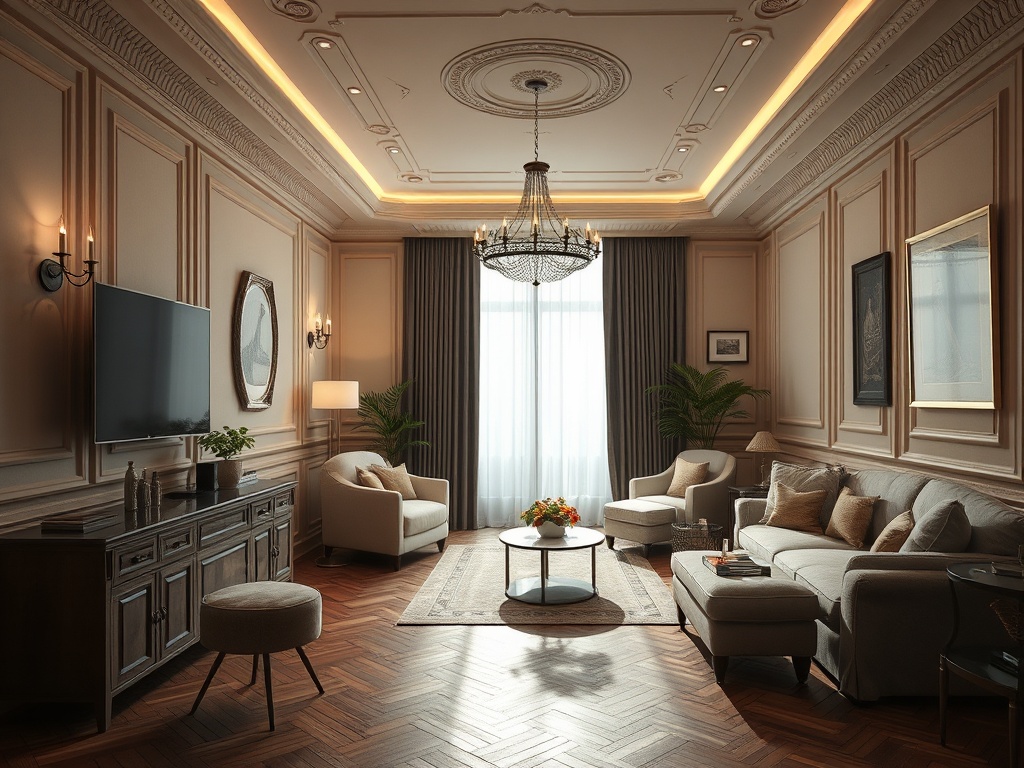 Уютная гостиная с декором в светлых тонах, большой люстрой и мягкой мебелью. Светлые шторы источают мягкий свет.