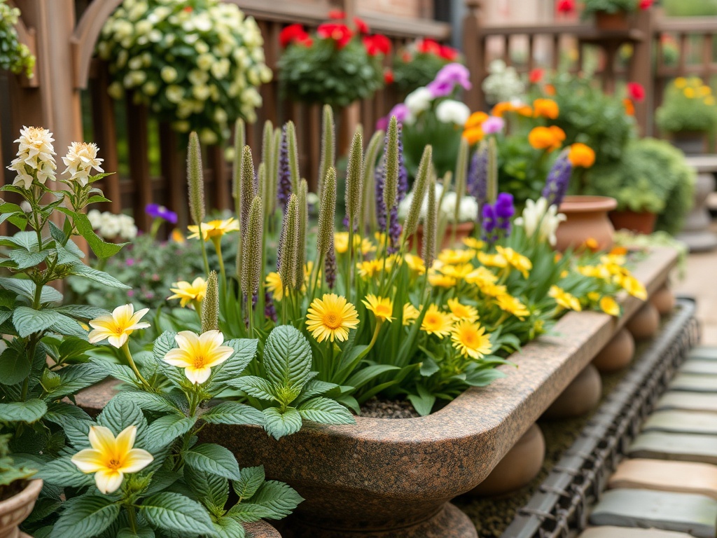 Цветущая клумба с яркими цветами разных видов и расцветок на фоне зелени. Садовая атмосфера и уют.