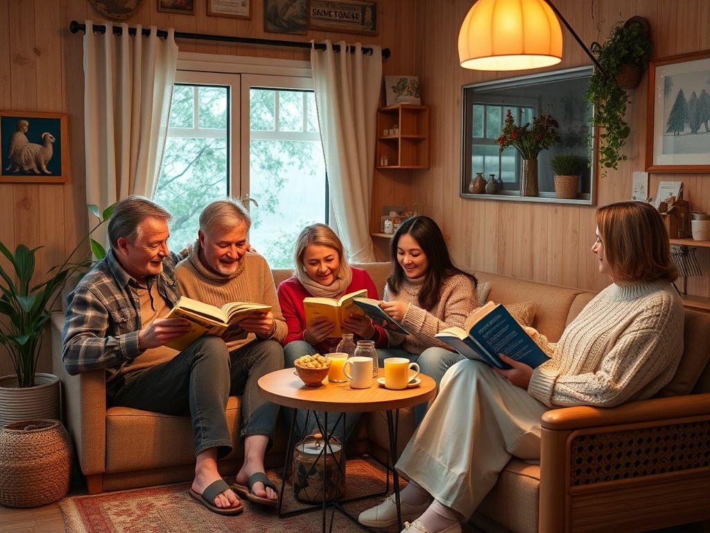 Компания из пяти человек читает книги в уютной комнате с мягким светом и растениями.