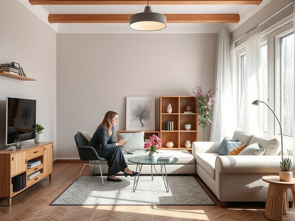 Женщина сидит в уютной гостиной, пользуется телефоном, рядом зеленые растения и цветы на столе.