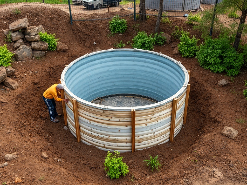 На изображении человек устанавливает металлический цилиндр, вероятно, для бассейна или хранилища.