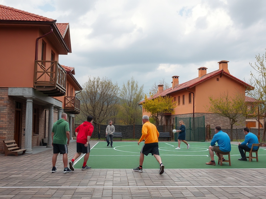 На площадке несколько человек занимаются спортом, другие сидят на скамейках рядом с домом.