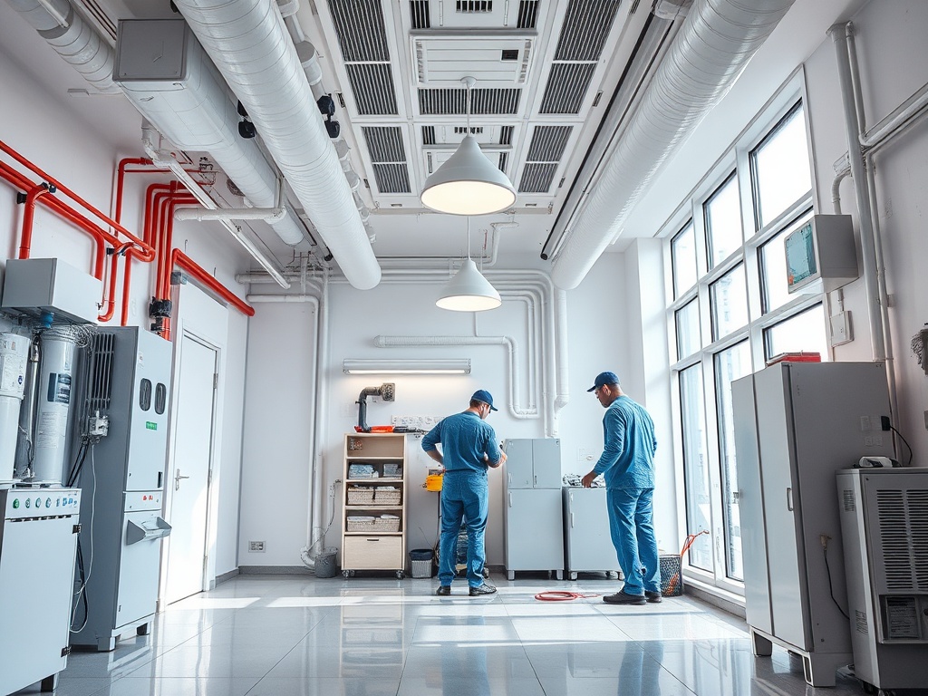 Два рабочих в синей форме занимаются обслуживанием оборудования в современном помещении с окнами.