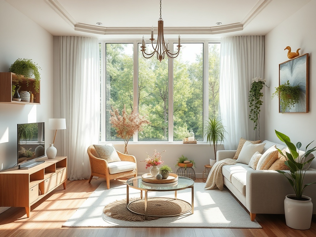 Светлая гостиная с большими окнами, зелеными растениями и уютной меблировкой. Спокойная и комфортная атмосфера.
