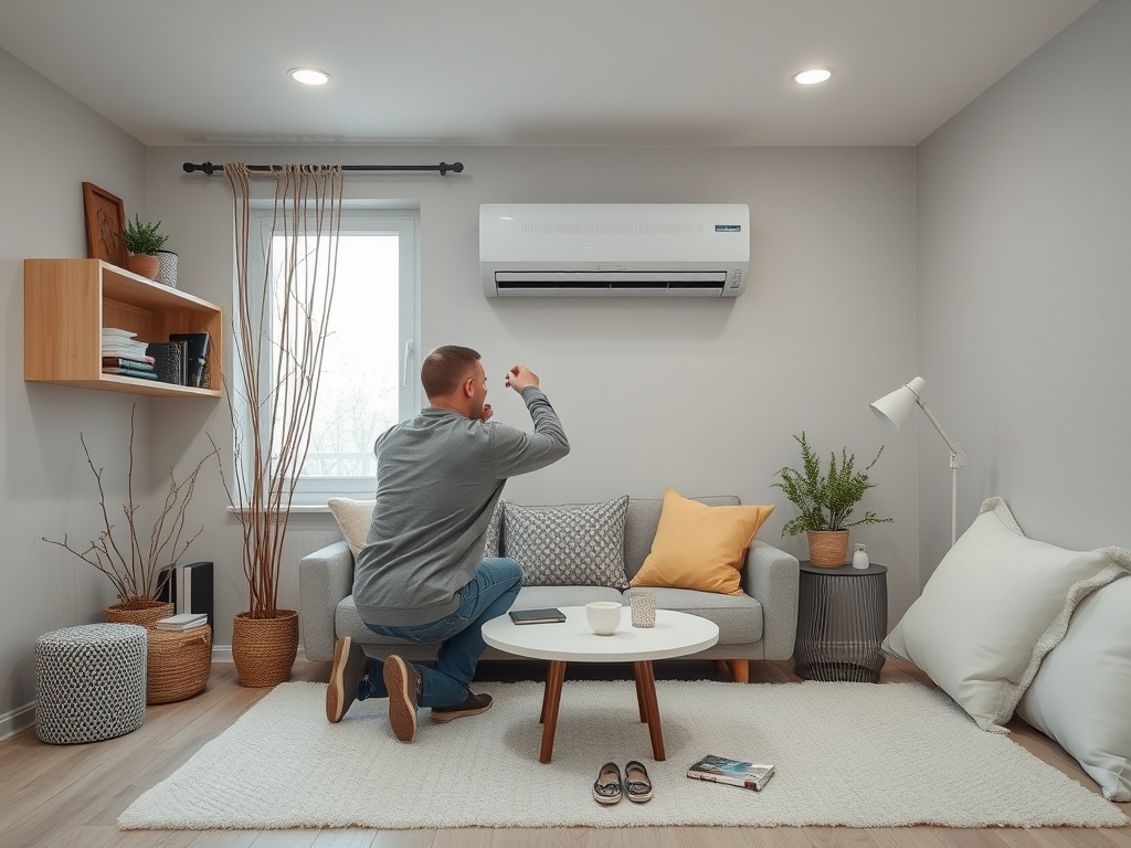 Мужчина сидит на корточках возле дивана в уютной комнате с кондиционером и растениями.