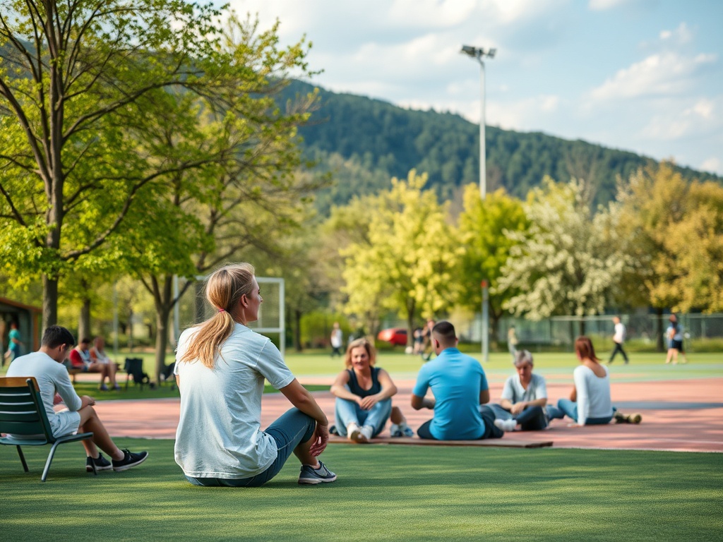 На открытой площадке люди отдыхают и общаются на фоне зелени и парковки. Тёплая солнечная погода.
