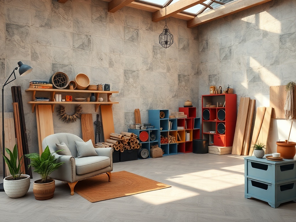 Комфортное помещение с деревянными полками, стульем и красивыми аксессуарами, освещенное солнечным светом.