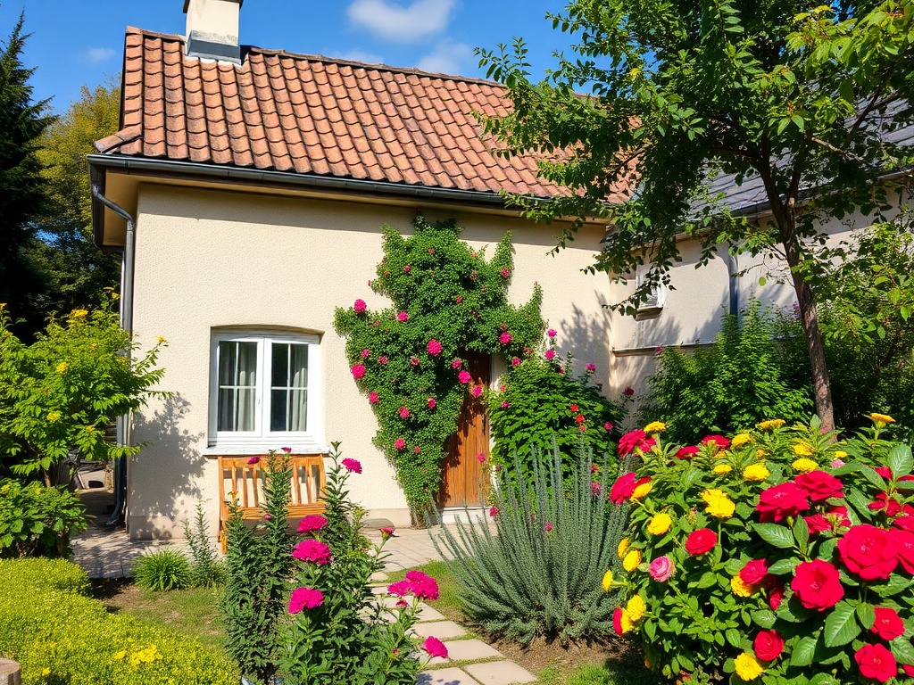 Красивая дача с цветами, зелеными растениями и уютным входом, окруженная солнечным светом.