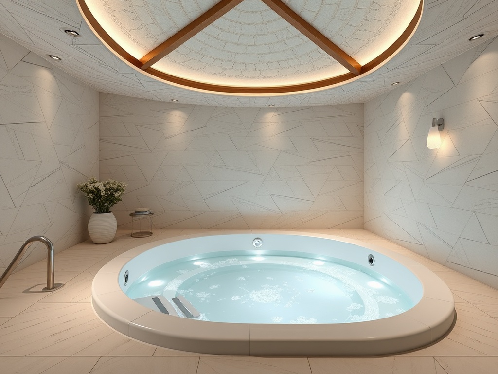 Элегантная ванна в современном интерьере с мягким освещением и цветами в белом горшке.